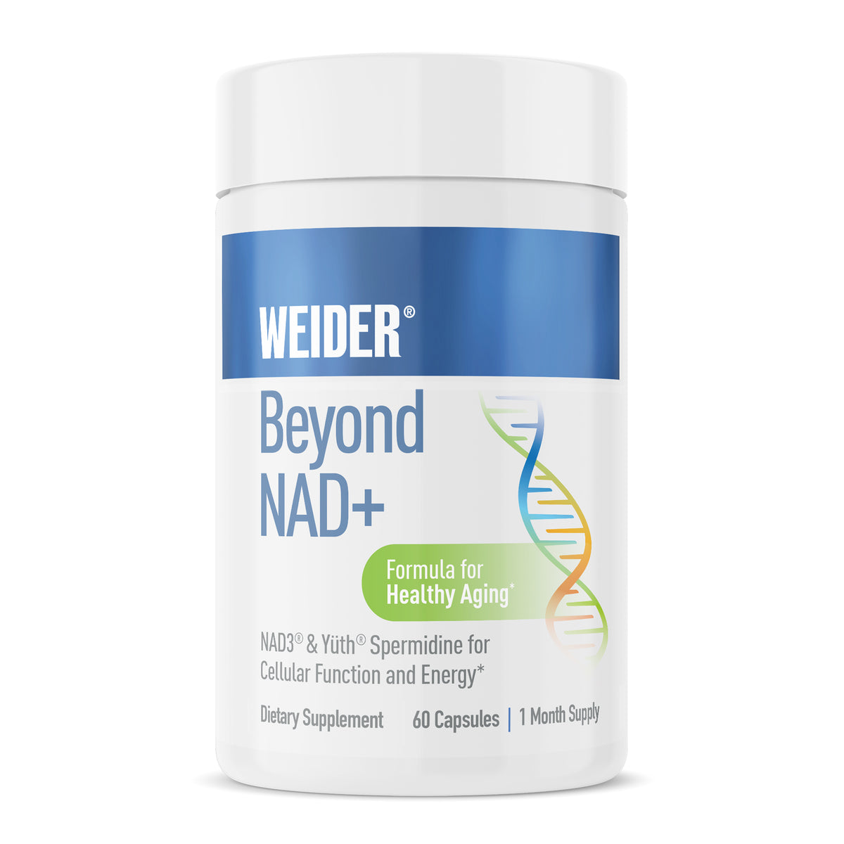 WEIDER Beyond NAD+ bottle, 60 capsules, white with a blue band and DNA helix graphic. Label: "Formula for Healthy Aging*", NAD3® & Yüth® Spermidine for Cellular Function and Energy*.
