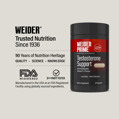 Weider Prime Testosterone Support for Men – KSM-66® Ashwagandha, Zinc & Vitamin D3 – 60 Capsules