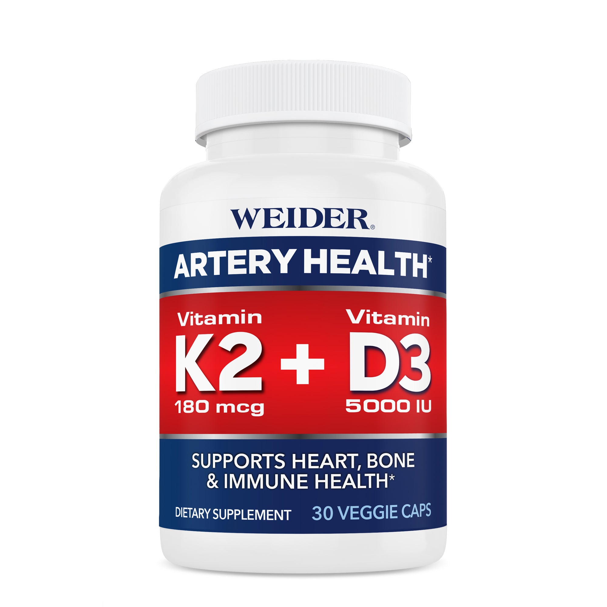WEIDER Artery Health Vitamin K2 180 mcg + Vitamin D3 5000 IU bottle, 30 veggie caps, white with a red and navy label: 