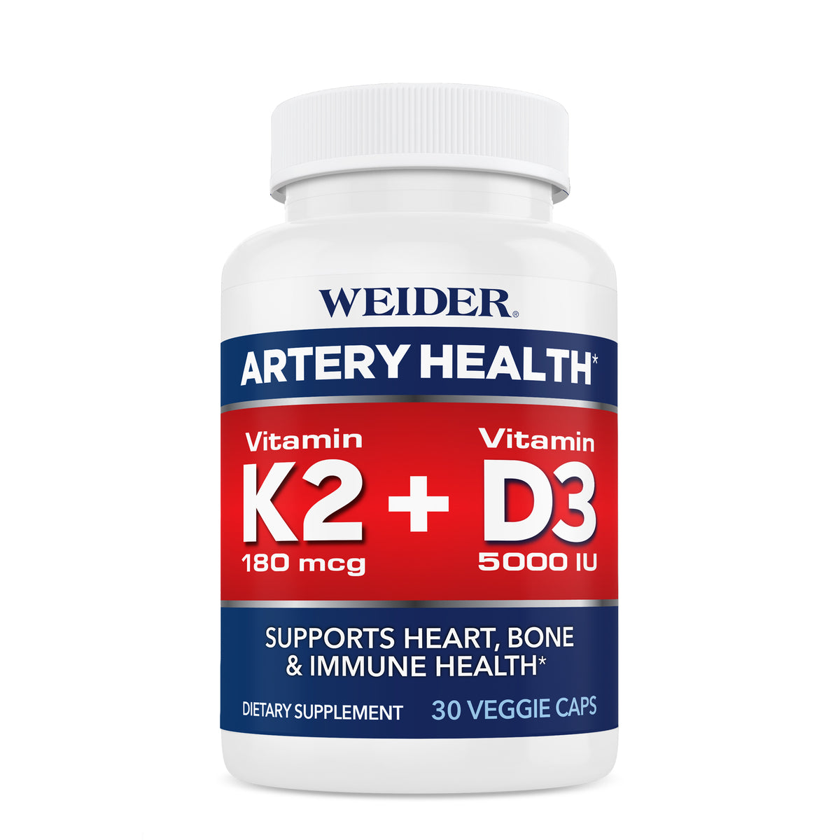 WEIDER Artery Health Vitamin K2 180 mcg + Vitamin D3 5000 IU bottle, 30 veggie caps, white with a red and navy label: "Supports Heart, Bone & Immune Health*".