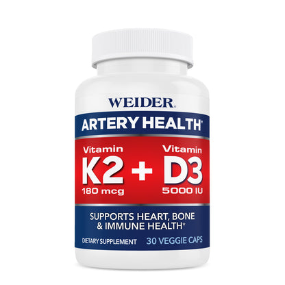 WEIDER Artery Health Vitamin K2 180 mcg + Vitamin D3 5000 IU bottle, 30 veggie caps, white with a red and navy label: "Supports Heart, Bone & Immune Health*".