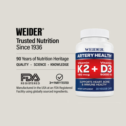 WEIDER, Trusted Nutrition Since 1936: 90 years of heritage. Made in the USA in an FDA-registered facility; third-party tested. Artery Health K2 + D3 bottle at right.