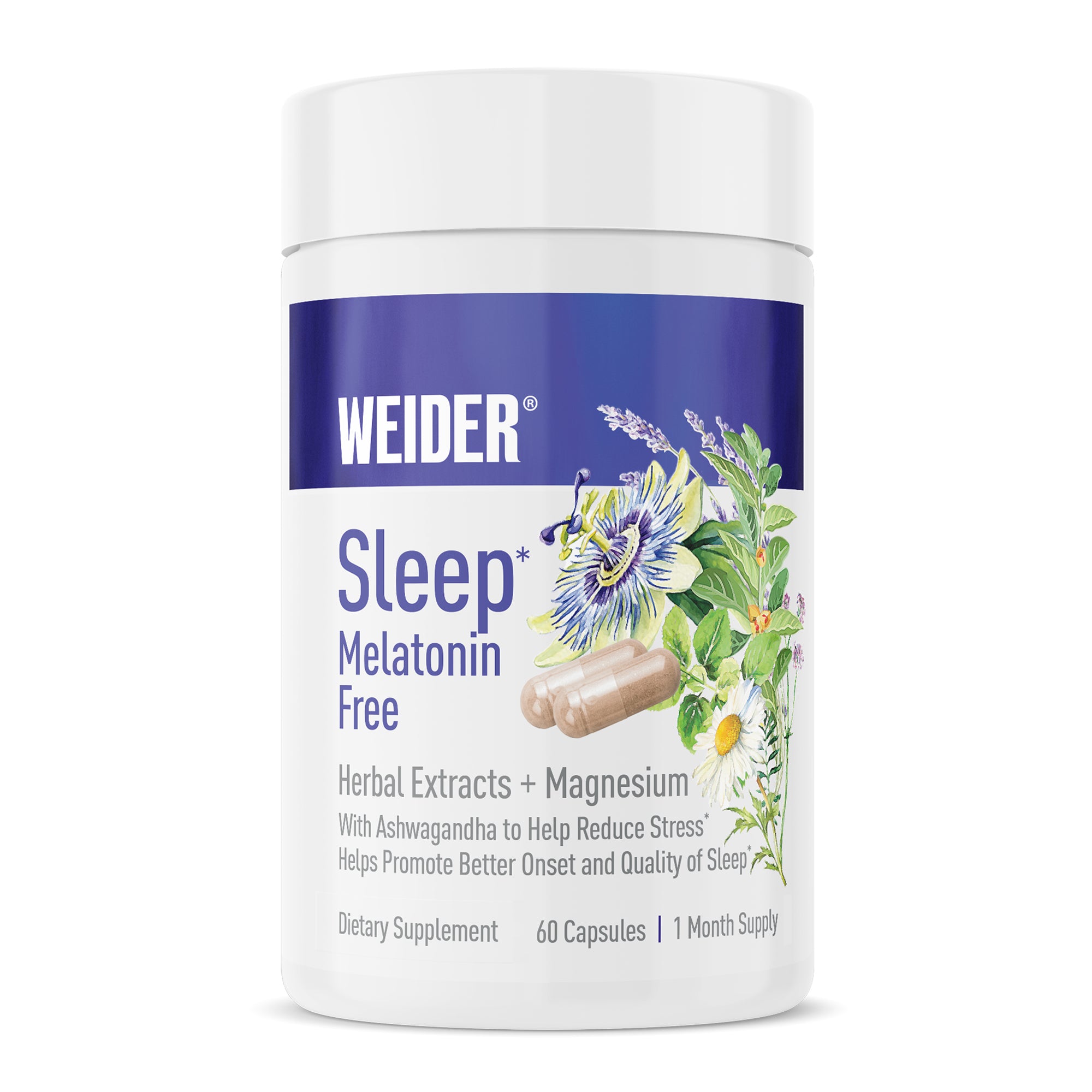 WEIDER Sleep Melatonin Free bottle, 60 capsules, white with a purple band and botanical art. Label: Herbal Extracts + Magnesium, with Ashwagandha to help reduce stress*.