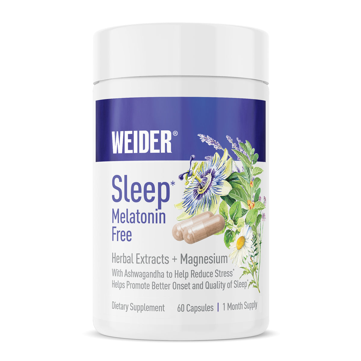 WEIDER Sleep Melatonin Free bottle, 60 capsules, white with a purple band and botanical art. Label: Herbal Extracts + Magnesium, with Ashwagandha to help reduce stress*.