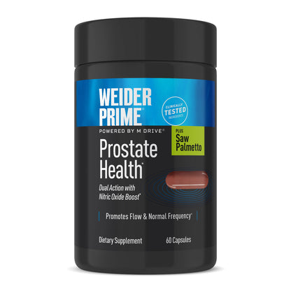 WEIDER Prime Prostate Health bottle, 60 capsules, black with a blue label and "Plus Saw Palmetto" badge. Label: "Dual Action with Nitric Oxide Boost*", "Promotes Flow & Normal Frequency*".