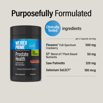 "Purposefully Formulated" with clinically tested ingredients, per 2-capsule serving: Flowens® Full-Spectrum Cranberry 500 mg, S7® Blend of 7 Plant-Based Nutrients 50 mg, Saw Palmetto 320 mg, Selenium SeLECT® 100 mcg. WEIDER Prime Prostate Health bottle at left.