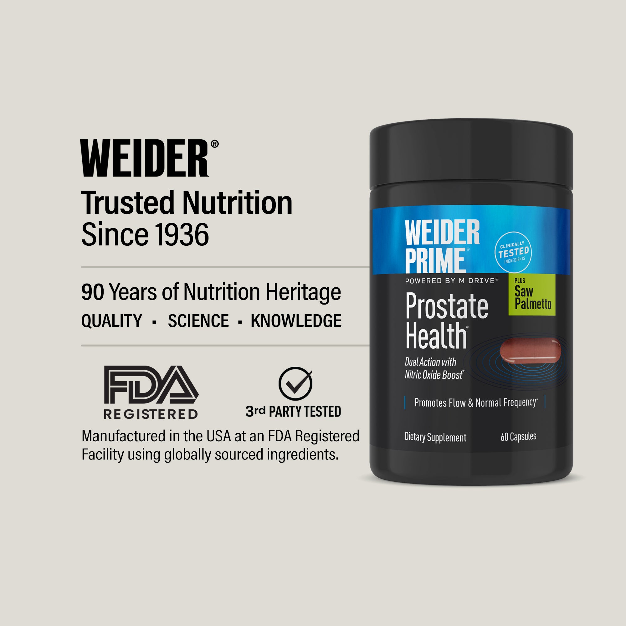 WEIDER, Trusted Nutrition Since 1936: 90 years of heritage. Made in the USA in an FDA-registered facility; third-party tested. Prime Prostate Health bottle at right.