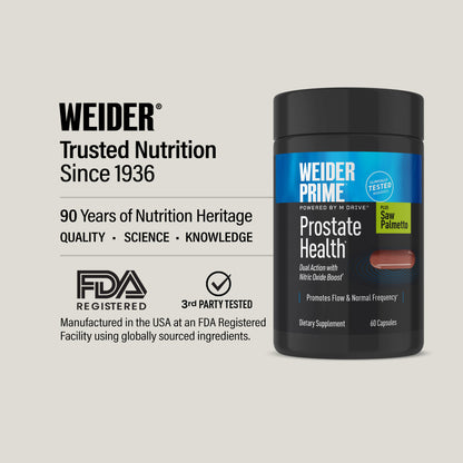 WEIDER, Trusted Nutrition Since 1936: 90 years of heritage. Made in the USA in an FDA-registered facility; third-party tested. Prime Prostate Health bottle at right.