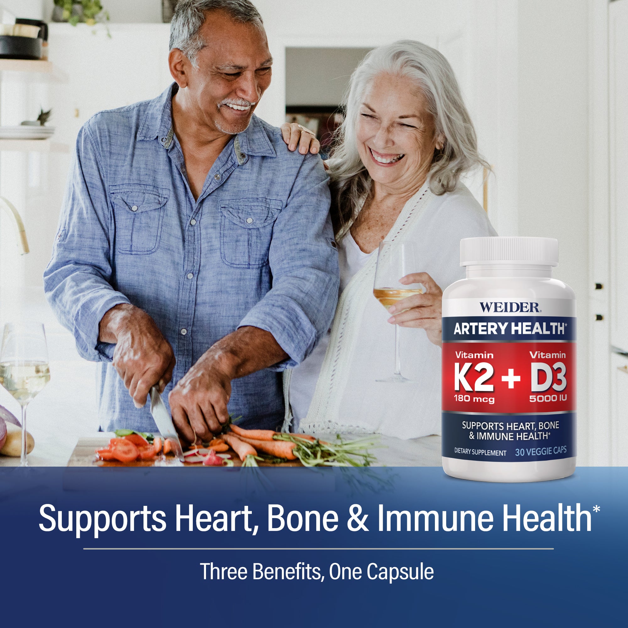 Smiling older couple in a bright kitchen, the man slicing carrots and tomatoes, with the WEIDER Artery Health K2 + D3 bottle. Text: 