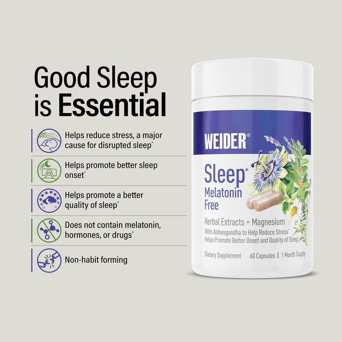 "Good Sleep is Essential": Helps reduce stress, a major cause for disrupted sleep*; Helps promote better sleep onset*; Helps promote a better quality of sleep*; Does not contain melatonin, hormones, or drugs*; Non-habit forming. WEIDER Sleep Melatonin Free bottle at right.