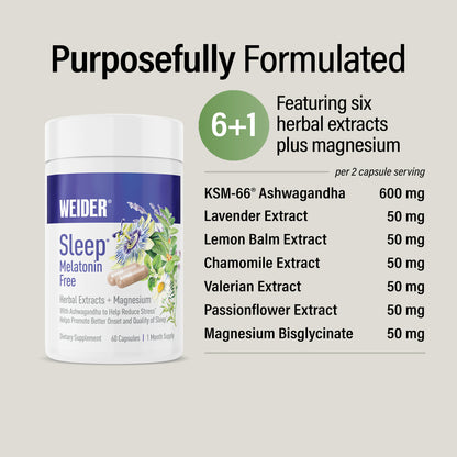 "Purposefully Formulated", six herbal extracts plus magnesium, per 2-capsule serving: KSM-66® Ashwagandha 600 mg; Lavender, Lemon Balm, Chamomile, Valerian and Passionflower extracts 50 mg each; Magnesium Bisglycinate 50 mg. WEIDER Sleep bottle at left.