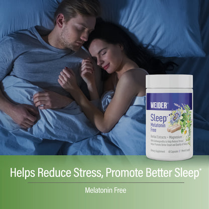 Couple sleeping peacefully in bed under blue sheets, with the WEIDER Sleep Melatonin Free bottle. Text: "Helps Reduce Stress, Promote Better Sleep*. Melatonin Free".