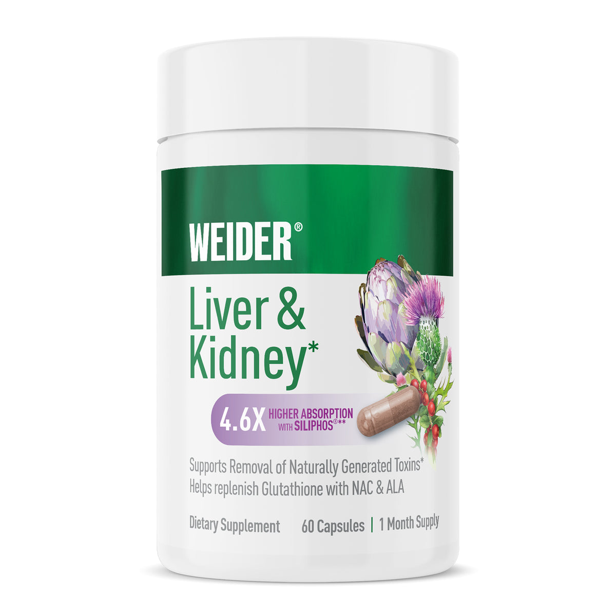 WEIDER Liver & Kidney bottle, 60 capsules, white with a green band and botanical art. Badge: "4.6X Higher Absorption with Siliphos®"; supports removal of naturally generated toxins*.