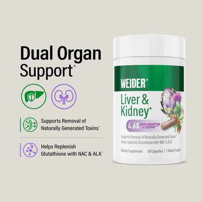 "Dual Organ Support*" with liver and kidney icons: Supports Removal of Naturally Generated Toxins*; Helps Replenish Glutathione with NAC & ALA*. WEIDER Liver & Kidney bottle at right.