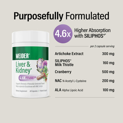 "Purposefully Formulated", 4.6x higher absorption with SILIPHOS®*, per 2-capsule serving: Artichoke Extract 300 mg, SILIPHOS® Milk Thistle 160 mg, Cranberry 500 mg, NAC (N-Acetyl L-Cysteine) 200 mg, ALA (Alpha Lipoic Acid) 100 mg. WEIDER Liver & Kidney bottle at left.