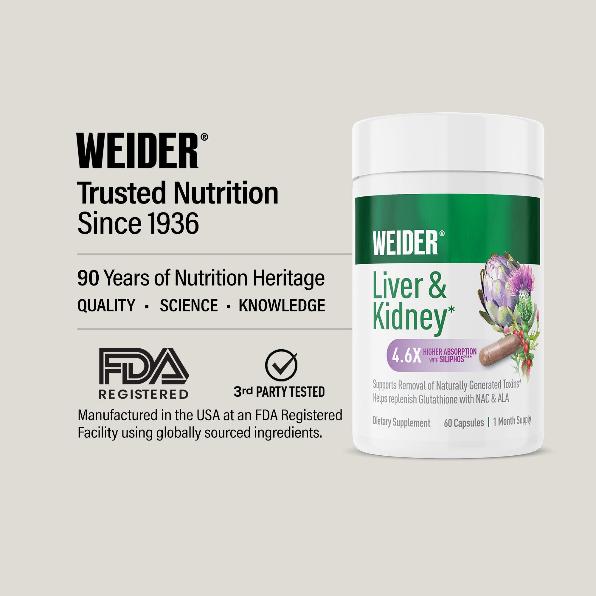 WEIDER, Trusted Nutrition Since 1936: 90 years of heritage. Made in the USA in an FDA-registered facility; third-party tested. Liver & Kidney bottle at right.