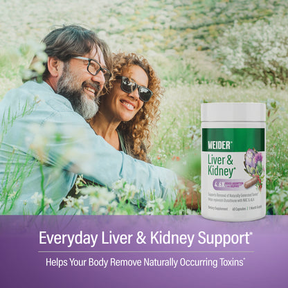 Smiling couple embracing in a field of white wildflowers, with the WEIDER Liver & Kidney bottle. Text: "Everyday Liver & Kidney Support*. Helps Your Body Remove Naturally Occurring Toxins*".