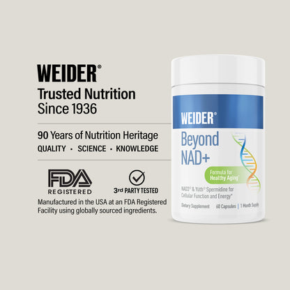 WEIDER, Trusted Nutrition Since 1936: 90 years of heritage. Made in the USA in an FDA-registered facility; third-party tested. Beyond NAD+ bottle at right.