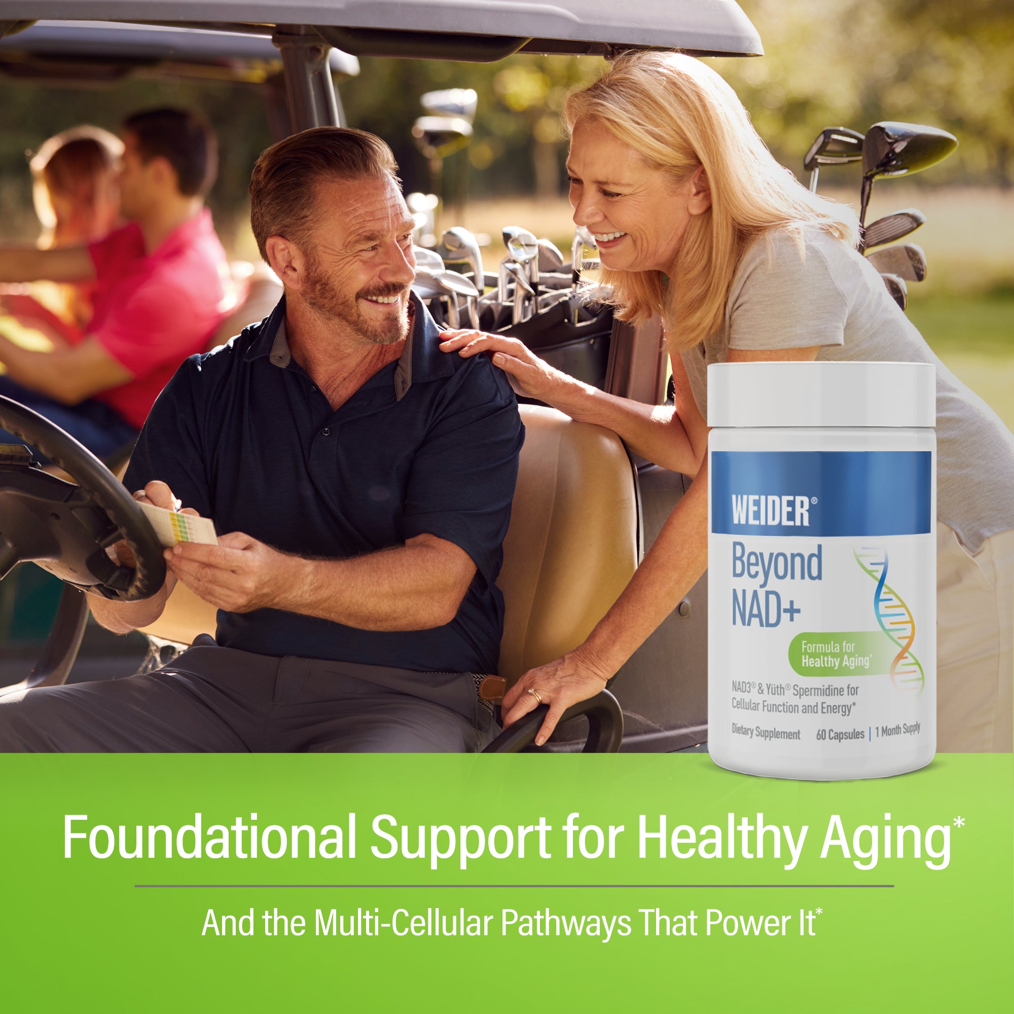 Smiling older couple at a golf cart loaded with clubs on a sunny course, with the WEIDER Beyond NAD+ bottle. Text: 