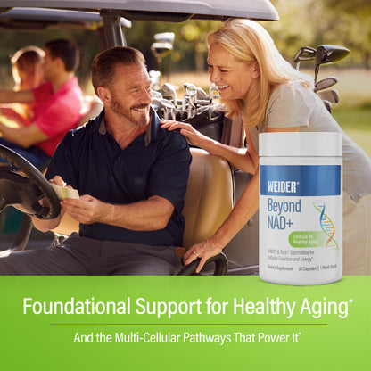 Smiling older couple at a golf cart loaded with clubs on a sunny course, with the WEIDER Beyond NAD+ bottle. Text: "Foundational Support for Healthy Aging*. And the Multi-Cellular Pathways That Power It*".